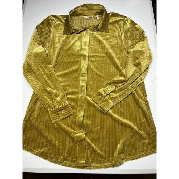 Soft Surrounding Womens Amber Mustard Yellow Ribbed Velvet Button Down L - Picture 1 of 6